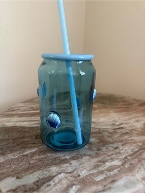 Viral Tik Tok Blue Seashell Glass Tumbler with Straw